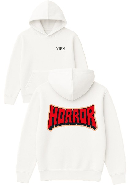 Horror Tasarım Baskılı Oversize Beyaz Kapüşonlu Sweatshirt