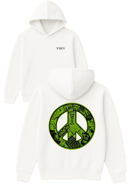 Yeşil Sembol Tasarım Baskılı Oversize Beyaz Kapüşonlu Sweatshirt