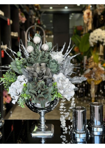 Yapay Çiçekli Gümüş Kare Ayak Vazo 3 Parça Set No:9