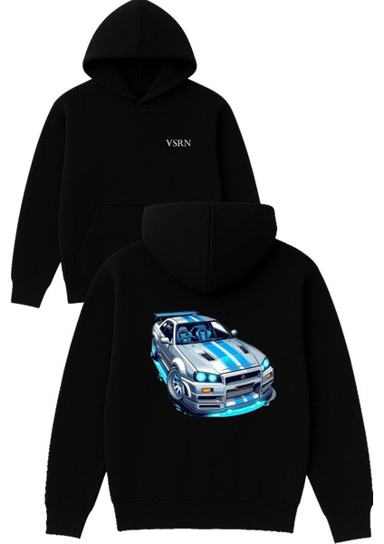 Fast Car Tasarım Baskılı Oversize Siyah Kapüşonlu Sweatshirt