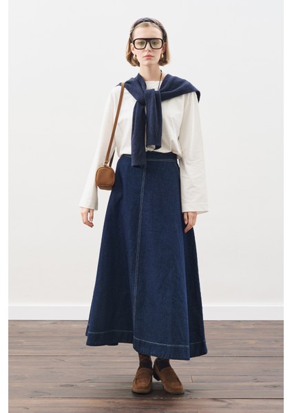 Dikiş Detaylı Geniş Denim Etek Indigo
