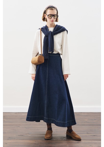 Dikiş Detaylı Geniş Denim Etek Indigo fiyatları