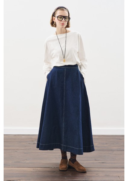 Dikiş Detaylı Geniş Denim Etek Indigo modelleri