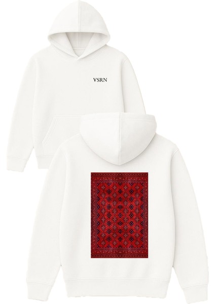 Kırmızı Motifli Iran Halı Tasarım Baskılı Oversize Beyaz Kapüşonlu Sweatshirt