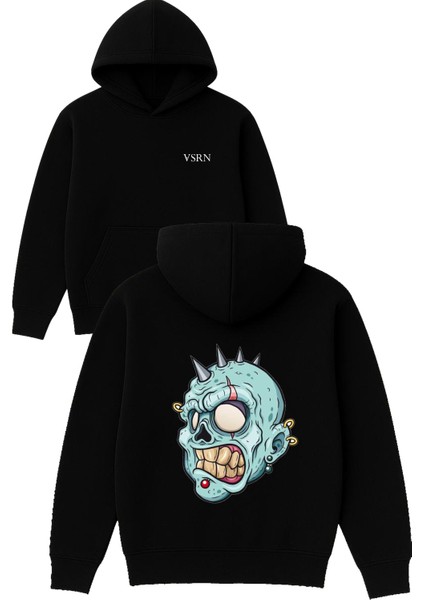 Mavi Metalci Uzaylı Tasarım Baskılı Oversize Siyah Kapüşonlu Sweatshirt