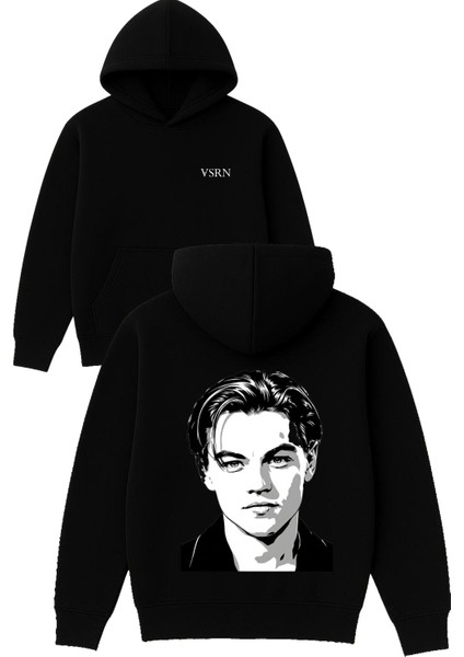 Leonardo Tasarım Baskılı Oversize Siyah Kapüşonlu Sweatshirt
