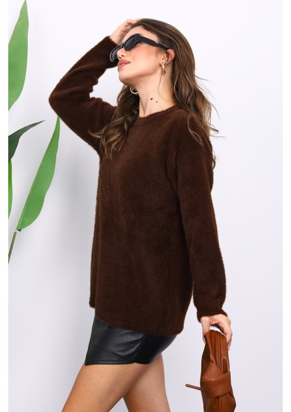 Kahverengi Bisiklet Yaka Angora Yumoş Triko Kazak modelleri