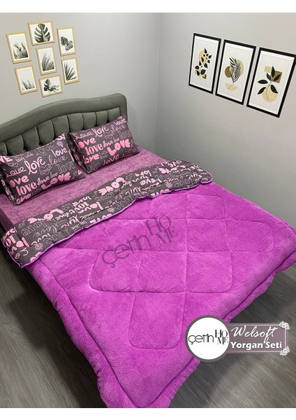 Çetinhome Çift Kişilik Desenli Welsoft Yorgan Seti Love Mor (Çarşafsız)