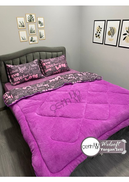 Çetinhome Çift Kişilik Desenli Welsoft Yorgan Seti Love Mor (Çarşafsız) fiyatları