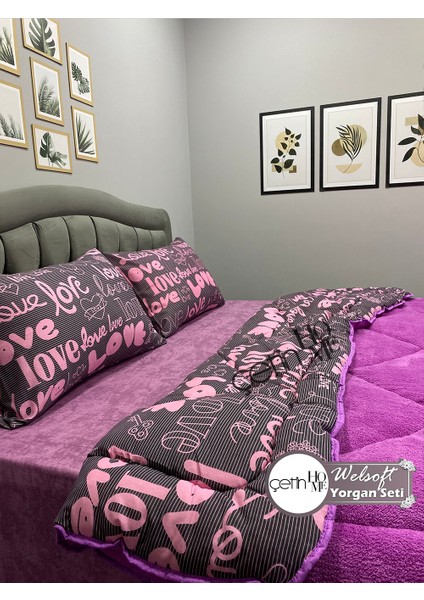 Çetinhome Çift Kişilik Desenli Welsoft Yorgan Seti Love Mor (Çarşafsız) modelleri