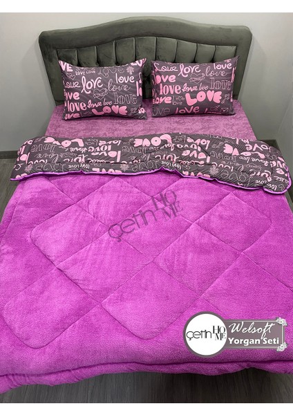 Çetinhome Çift Kişilik Desenli Welsoft Yorgan Seti Love Mor (Çarşafsız) fırsatları
