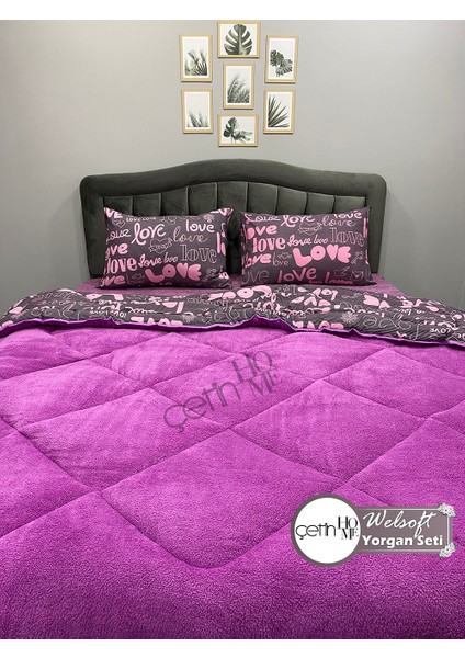 Çetinhome Çift Kişilik Desenli Welsoft Yorgan Seti Love Mor (Çarşafsız) indirimleri