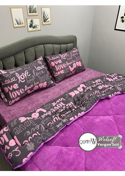 Çetinhome Çift Kişilik Desenli Welsoft Yorgan Seti Love Mor (Çarşafsız)