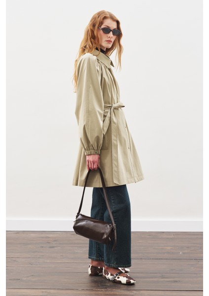 Oversıze Bağlamalı Midi Trençkot Haki modelleri