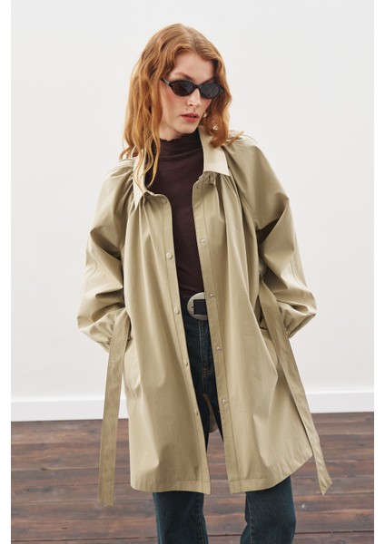 Oversıze Bağlamalı Midi Trençkot Haki