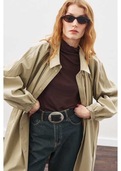 Oversıze Bağlamalı Midi Trençkot Haki