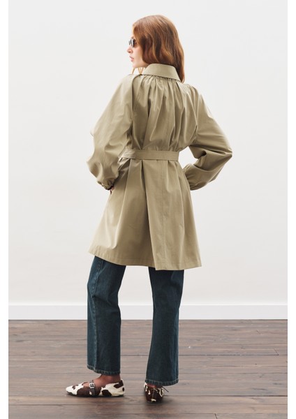 Oversıze Bağlamalı Midi Trençkot Haki