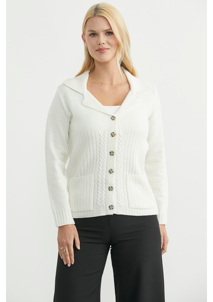 Yünlü Cepli Düğme Detaylı Triko Ceket - Kemik