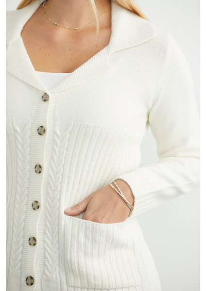 Yünlü Cepli Düğme Detaylı Triko Ceket - Kemik indirimleri