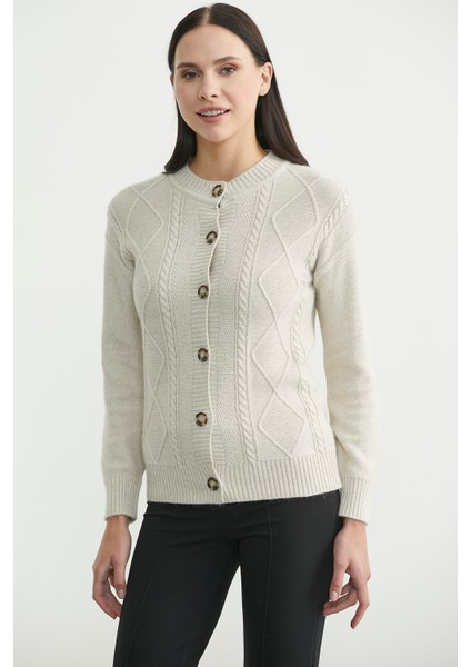 Düğmeli Oversize Angora Triko Hırka - Açık Bej