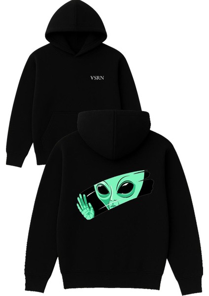 Temizlikçi Uzaylı Tasarım Baskılı Oversize Siyah Kapüşonlu Sweatshirt