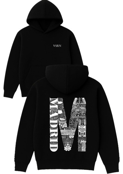 Madrid M Tasarım Baskılı Oversize Siyah Kapüşonlu Sweatshirt