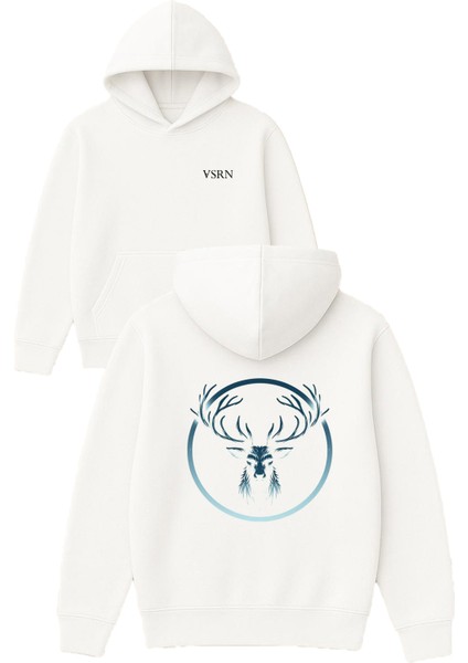 Geyik Mavi Tasarım Baskılı Oversize Beyaz Kapüşonlu Sweatshirt