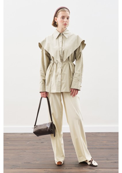 Üçgen Fularlı Oversıze Gömlek Taş