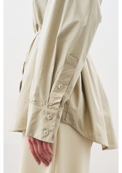 Üçgen Fularlı Oversıze Gömlek Taş