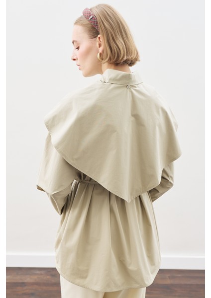 Üçgen Fularlı Oversıze Gömlek Taş