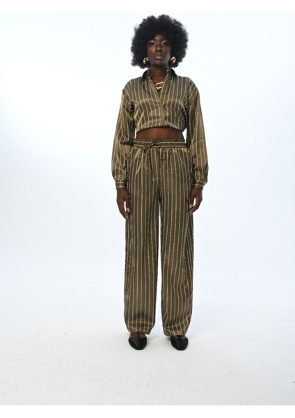 Kadın Beli Lastikli Bol Paça Çizgili Pantolon fiyatları