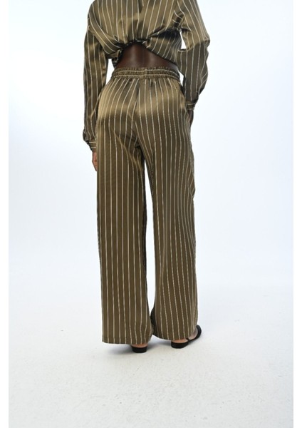 Kadın Beli Lastikli Bol Paça Çizgili Pantolon modelleri