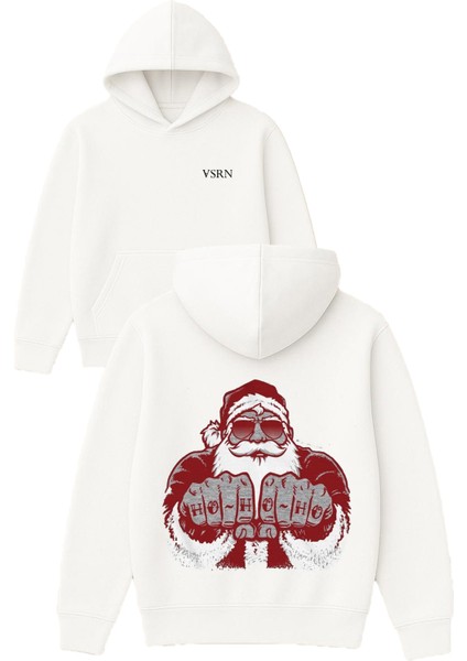 Hoho Noel Baba Tasarım Baskılı Oversize Beyaz Kapüşonlu Sweatshirt