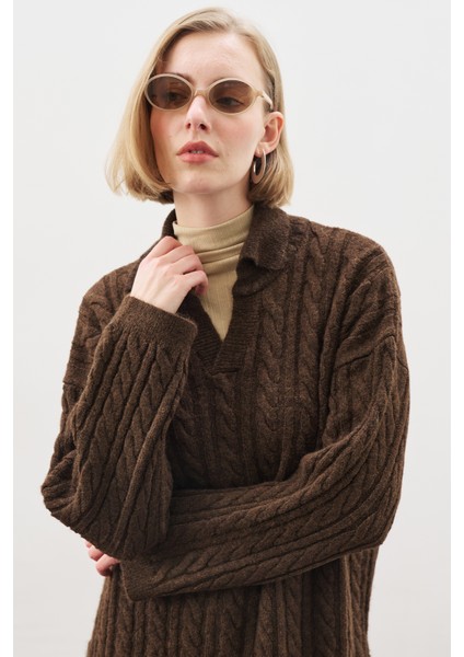 Yakalı Saç Örgü Kazak Kahverengi modelleri