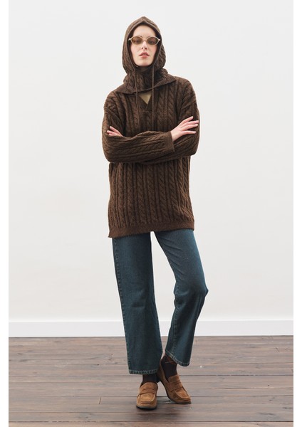 Yakalı Saç Örgü Kazak Kahverengi fırsatları