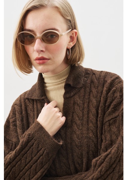 Yakalı Saç Örgü Kazak Kahverengi