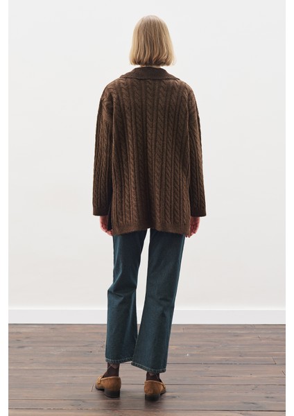 Yakalı Saç Örgü Kazak Kahverengi