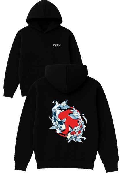 Japan Koi Balıkları Tasarım Baskılı Oversize Siyah Kapüşonlu Sweatshirt