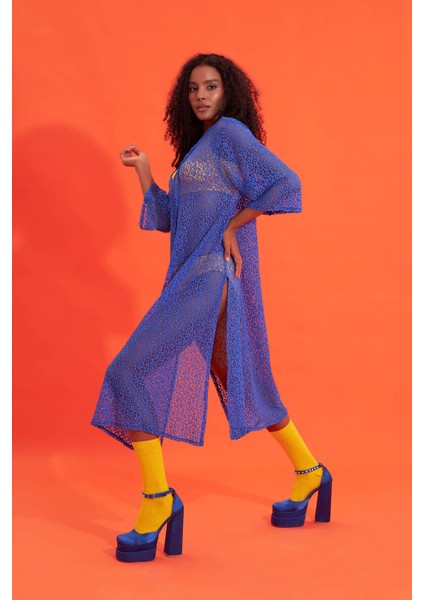 Likralı, Dantelli Elbise Pareo Saks Mavisi