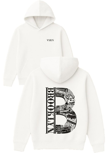 Brooklyn Tasarım Baskılı Oversize Beyaz Kapüşonlu Sweatshirt