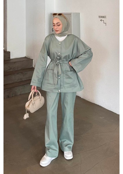 Kuşaklı Gabardin Takım Çağla Yeşili