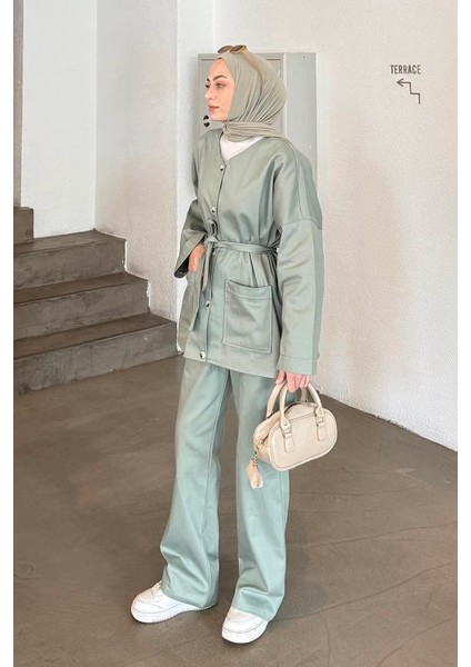 Kuşaklı Gabardin Takım Çağla Yeşili fiyatları