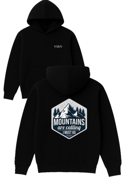 Mountaıns Tasarım Baskılı Oversize Siyah Kapüşonlu Sweatshirt