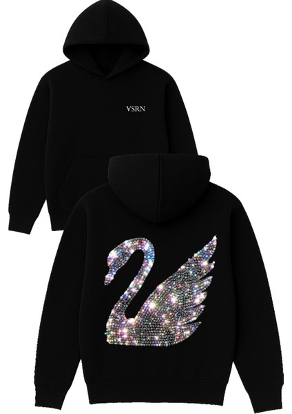Parlak Flamingo Tasarım Baskılı Oversize Siyah Kapüşonlu Sweatshirt