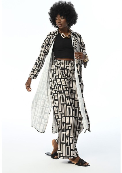 Kadın Rahat Kalıp Geometrik Desenl Beli Lastikli Pantolon