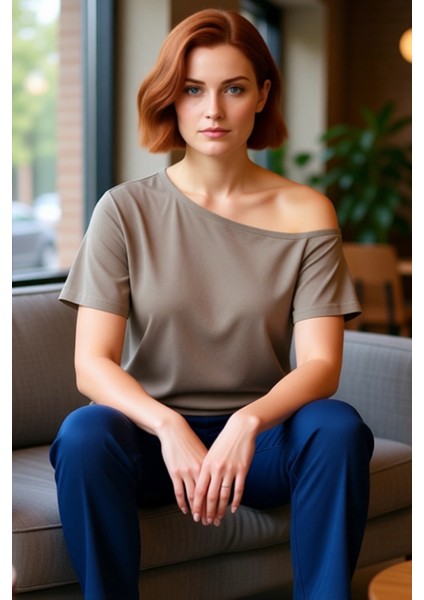 Moda Büyük Beden Devrik Yaka Örme Regular Düz Desen Casual Günlük Crop Kısa Kol Bluz