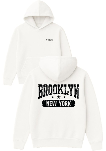 Brooklyn Yıldızlı Newyork Tasarım Baskılı Oversize Beyaz Kapüşonlu Sweatshirt