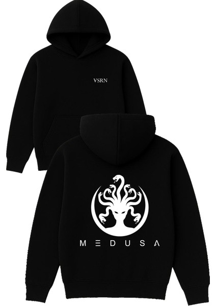 Medusa Tasarım Baskılı Oversize Siyah Kapüşonlu Sweatshirt