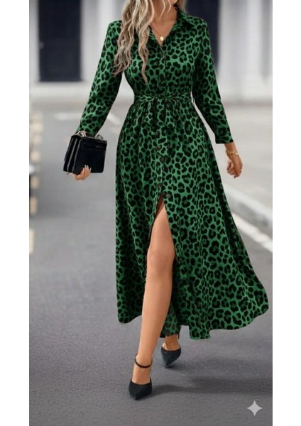 Kadın Uzun Kollu Yakalı Belden Kuşaklı Leopar Desenli Modal Uzun Elbise