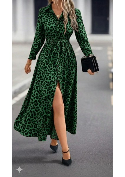 Kadın Uzun Kollu Yakalı Belden Kuşaklı Leopar Desenli Modal Uzun Elbise fırsatları
